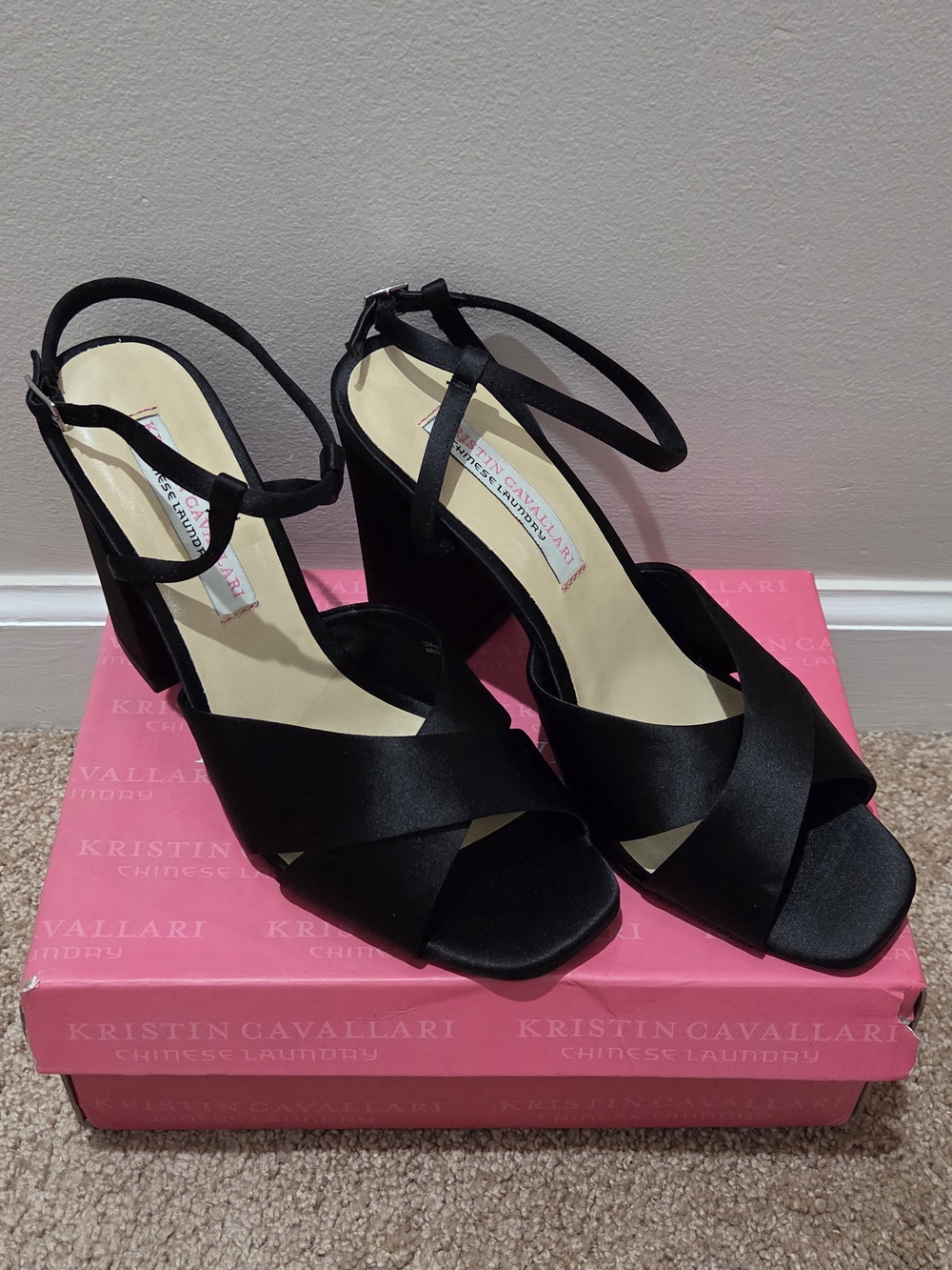 Chinese Laundry Black Satin Crisscross Block Heel Sandals